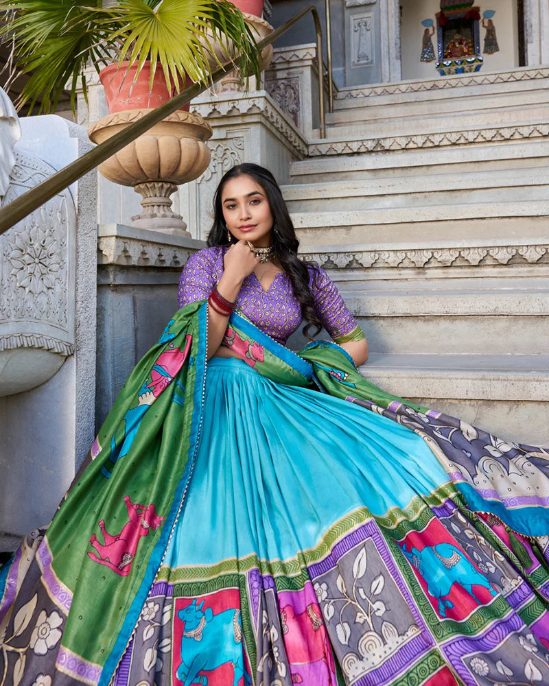 Sea Green & Mustard Color Tussar Silk Kalamkari Printed Lehenga Choli