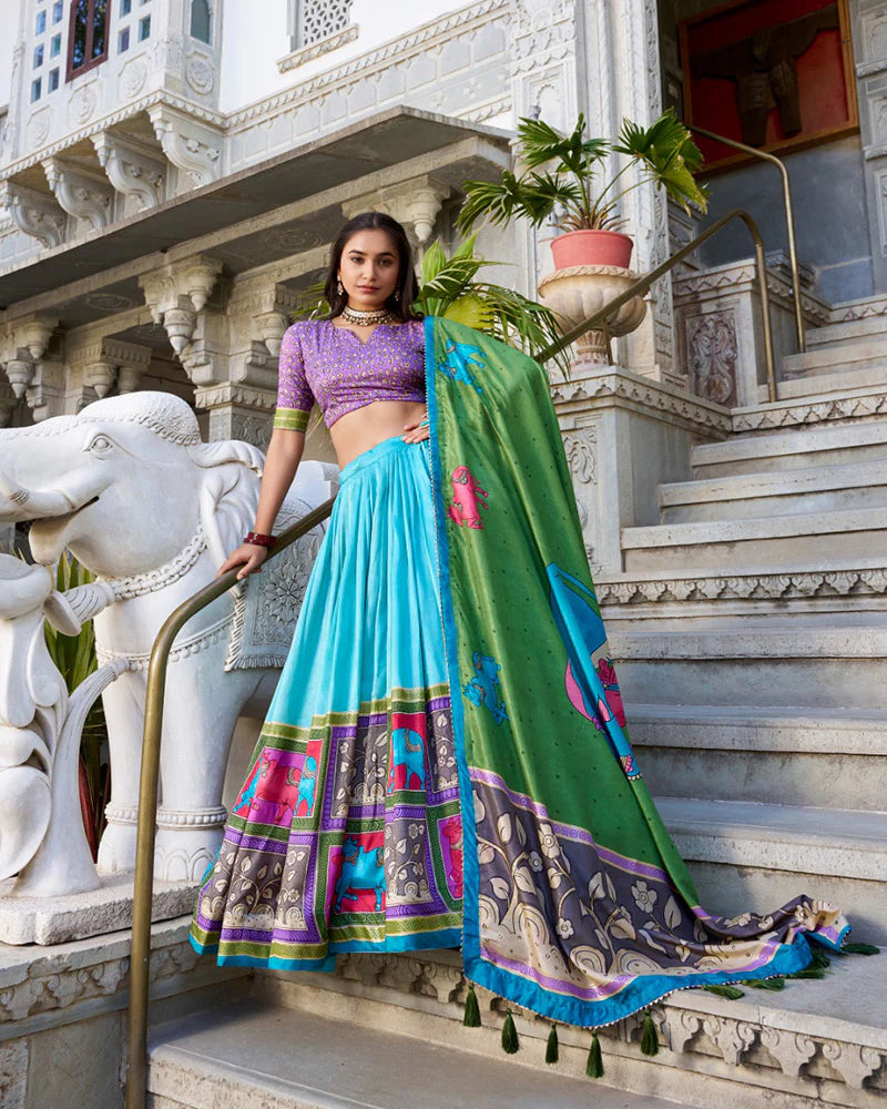 Sea Green & Mustard Color Tussar Silk Kalamkari Printed Lehenga Choli