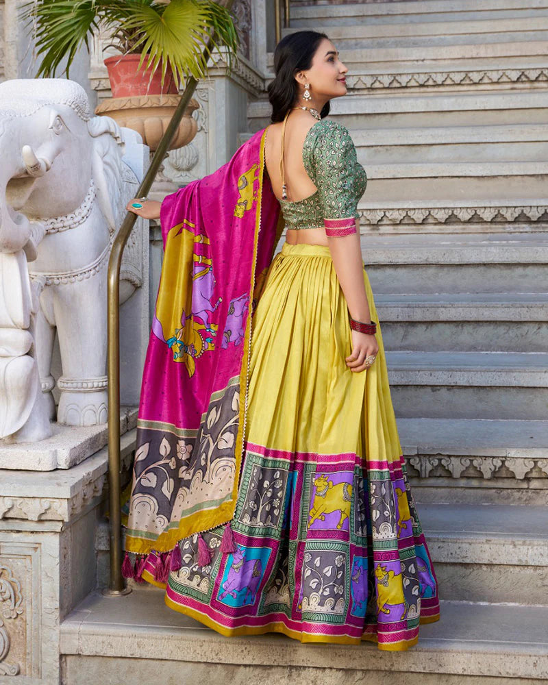Sea Green & Mustard Color Tussar Silk Kalamkari Printed Lehenga Choli