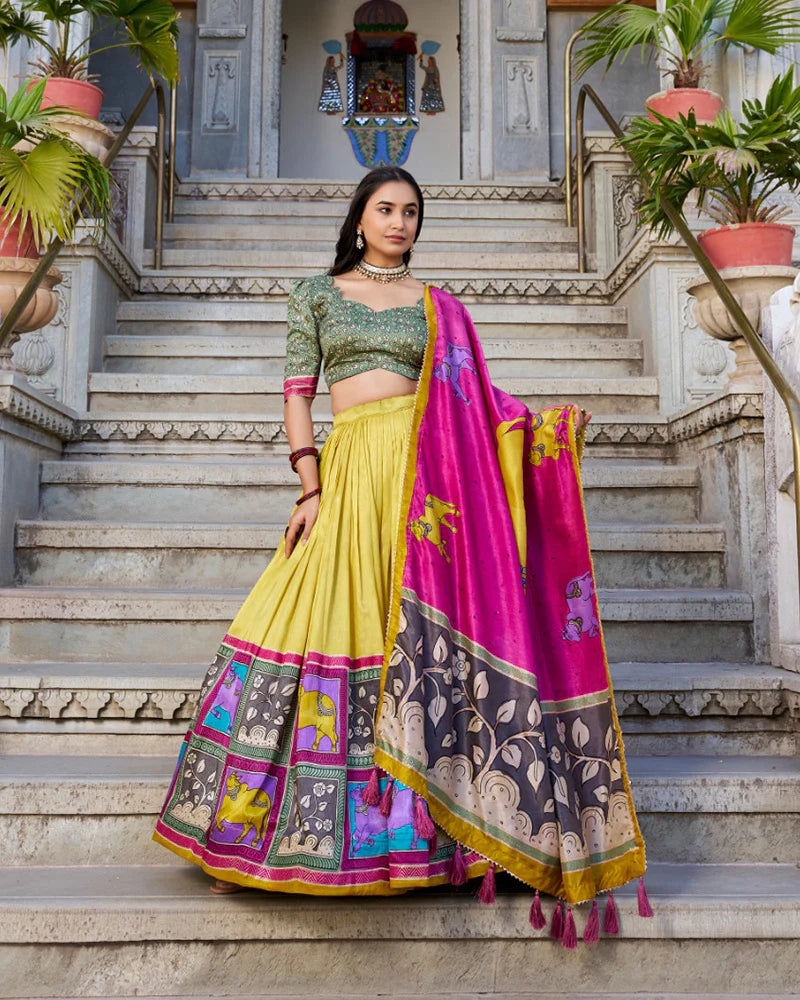 Sea Green & Mustard Color Tussar Silk Kalamkari Printed Lehenga Choli