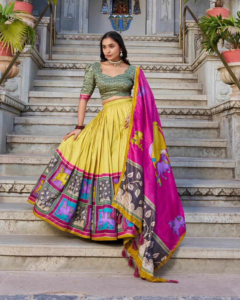 Sea Green & Mustard Color Tussar Silk Kalamkari Printed Lehenga Choli