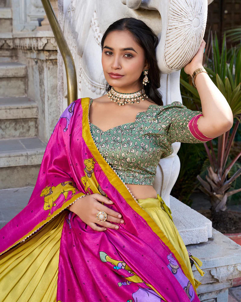 Sea Green & Mustard Color Tussar Silk Kalamkari Printed Lehenga Choli