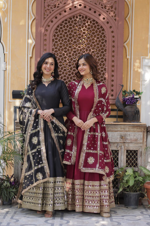 Purplish Red and Black Premium Designer Readymade Gown Collections.