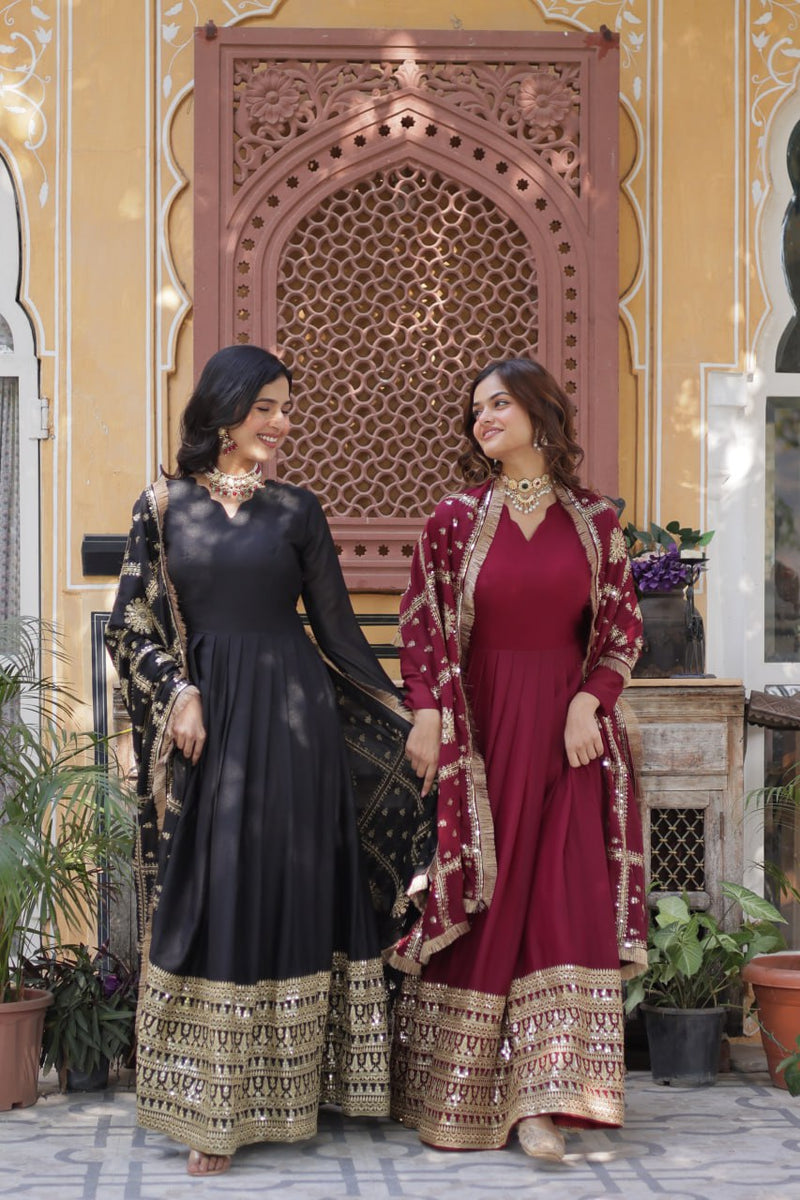 Purplish Red and Black Premium Designer Readymade Gown Collections.