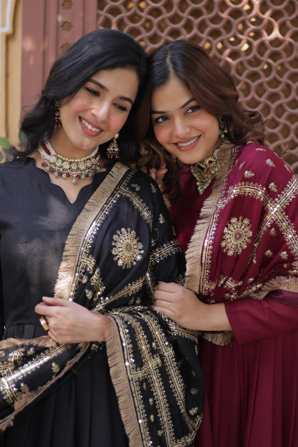 Purplish Red and Black Premium Designer Readymade Gown Collections.