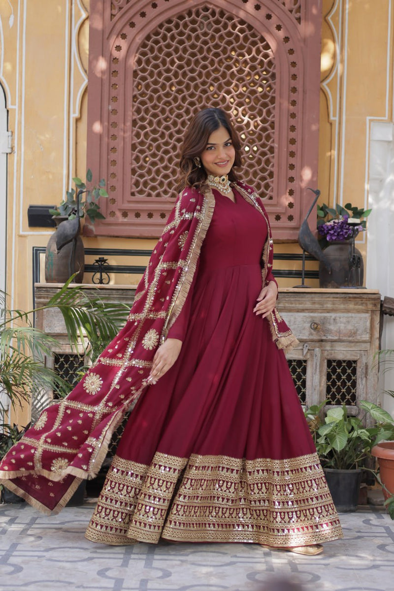 Purplish Red and Black Premium Designer Readymade Gown Collections.