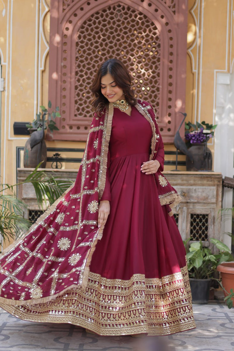 Purplish Red and Black Premium Designer Readymade Gown Collections.