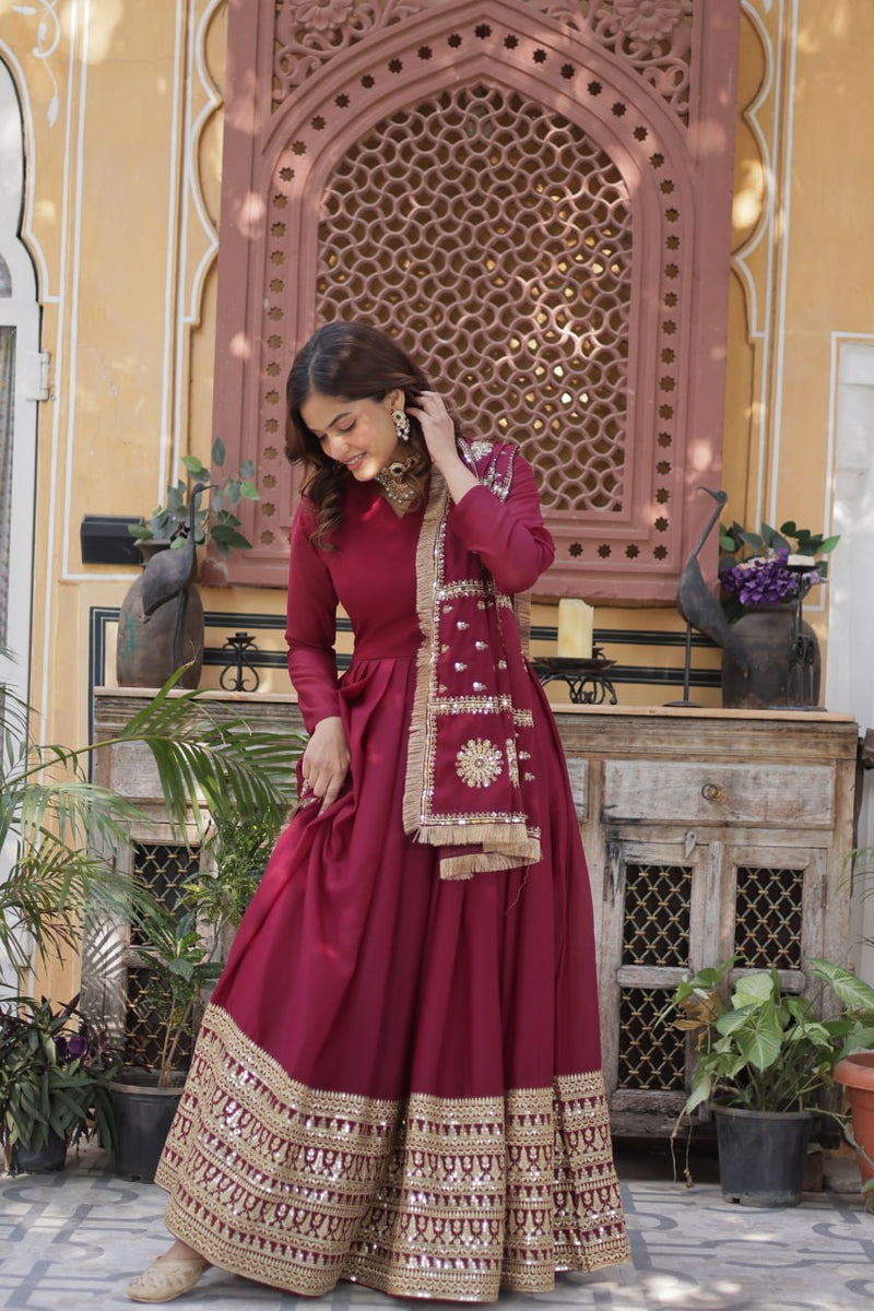 Purplish Red and Black Premium Designer Readymade Gown Collections.