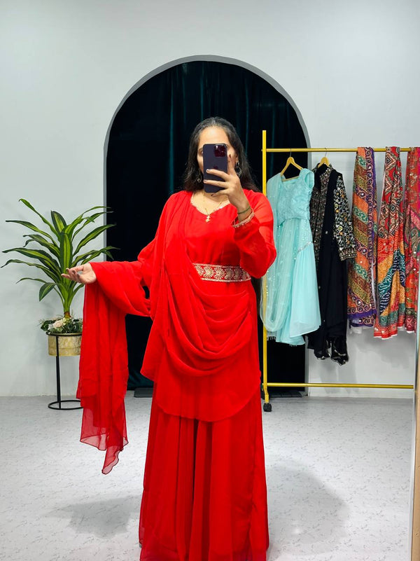 Outstanding Red Color Georgette Gown With Attached Dupatta