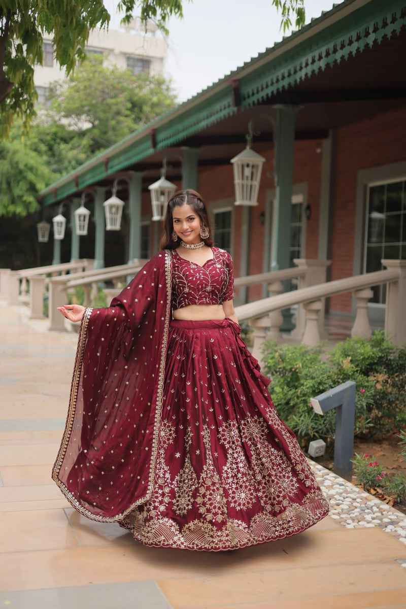 Women Maroon Embroidered Designer Lehenga Choli