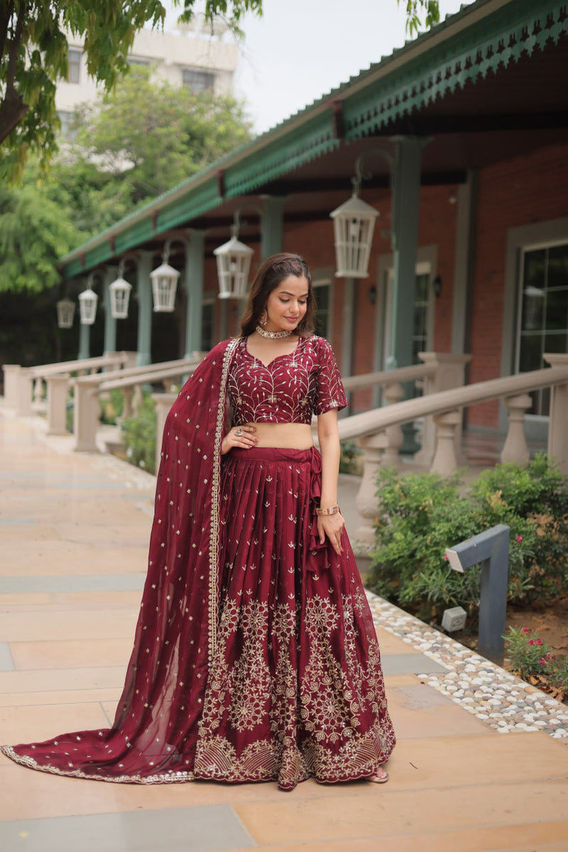 Women Maroon Embroidered Designer Lehenga Choli