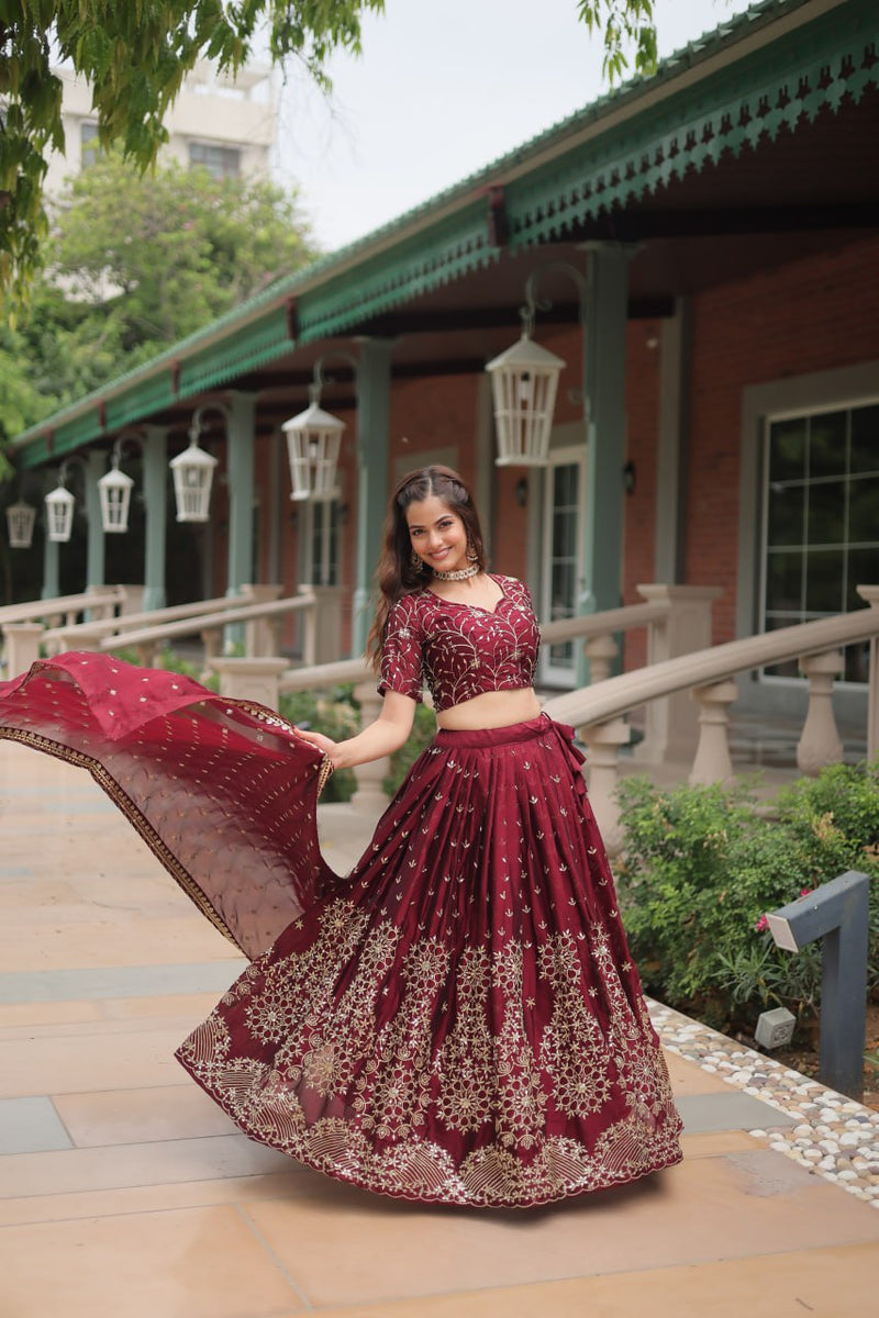 Women Maroon Embroidered Designer Lehenga Choli