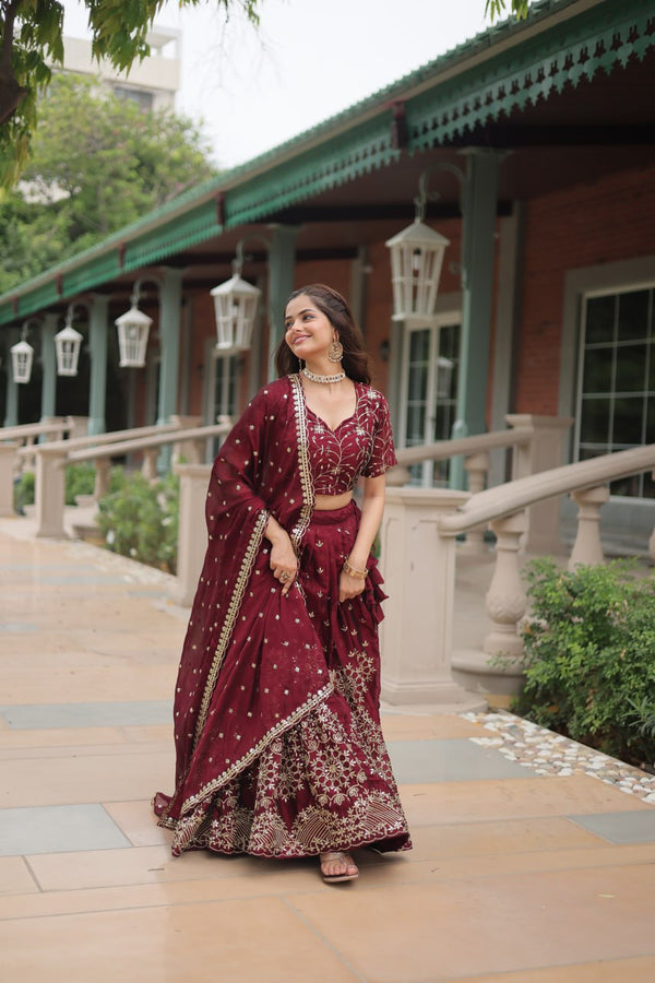 Women Maroon Embroidered Designer Lehenga Choli