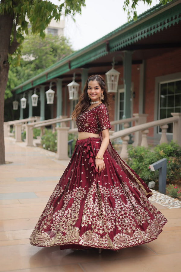 Women Maroon Embroidered Designer Lehenga Choli