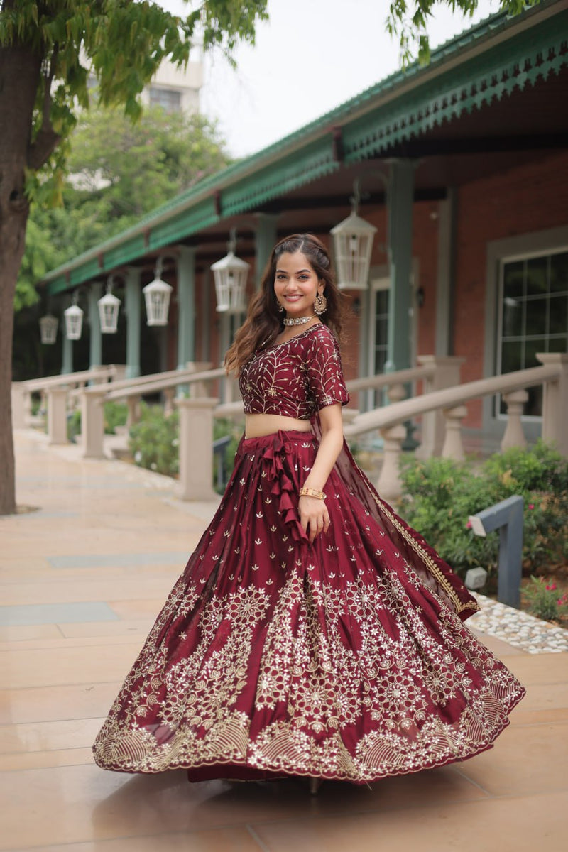 Women Maroon Embroidered Designer Lehenga Choli