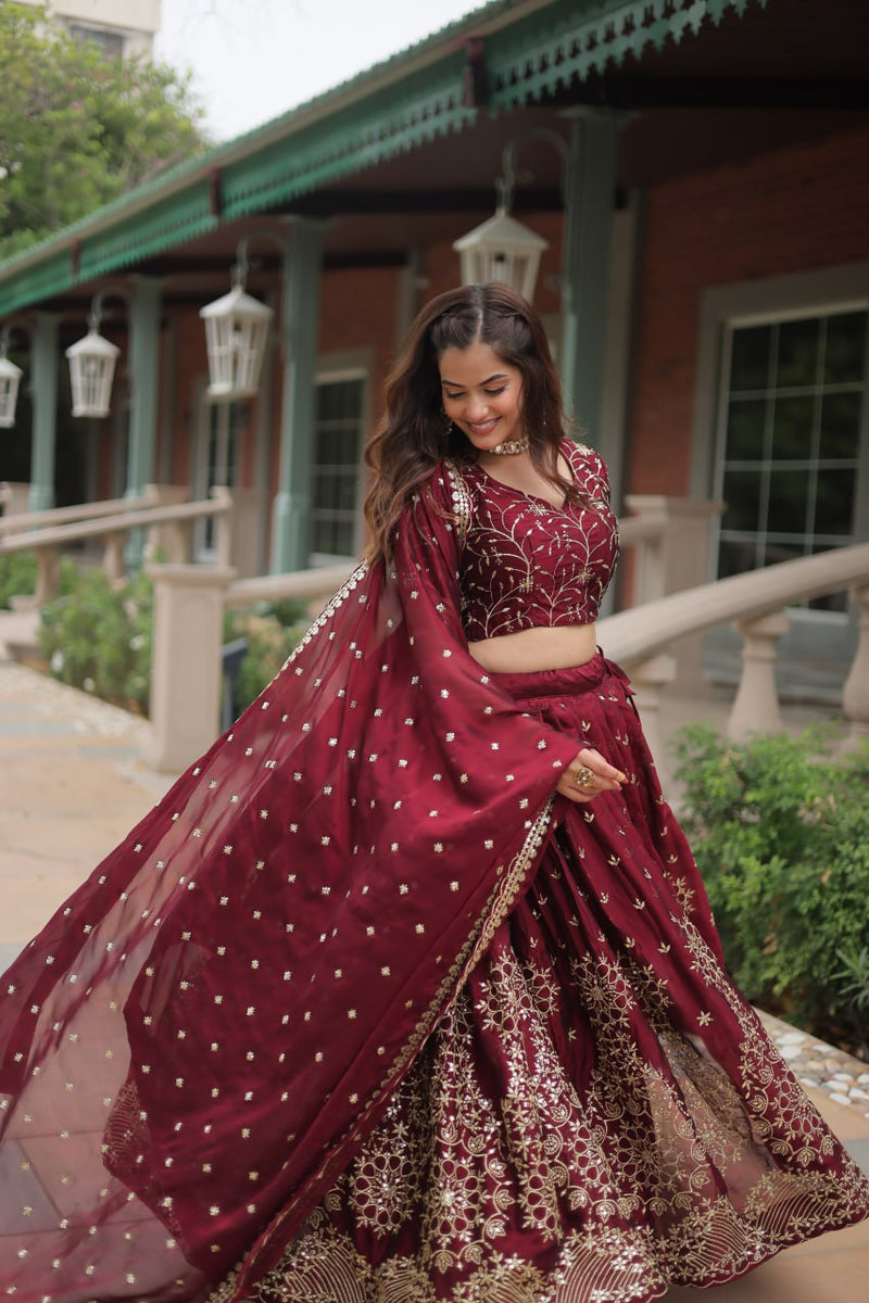 Women Maroon Embroidered Designer Lehenga Choli