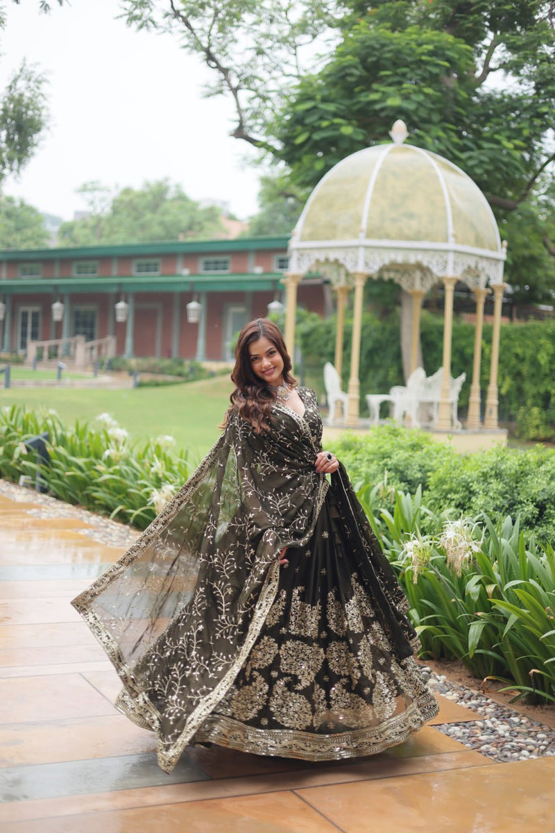 Pure Green Silk Lehenga Choli with Sequins & Thread Embroidery