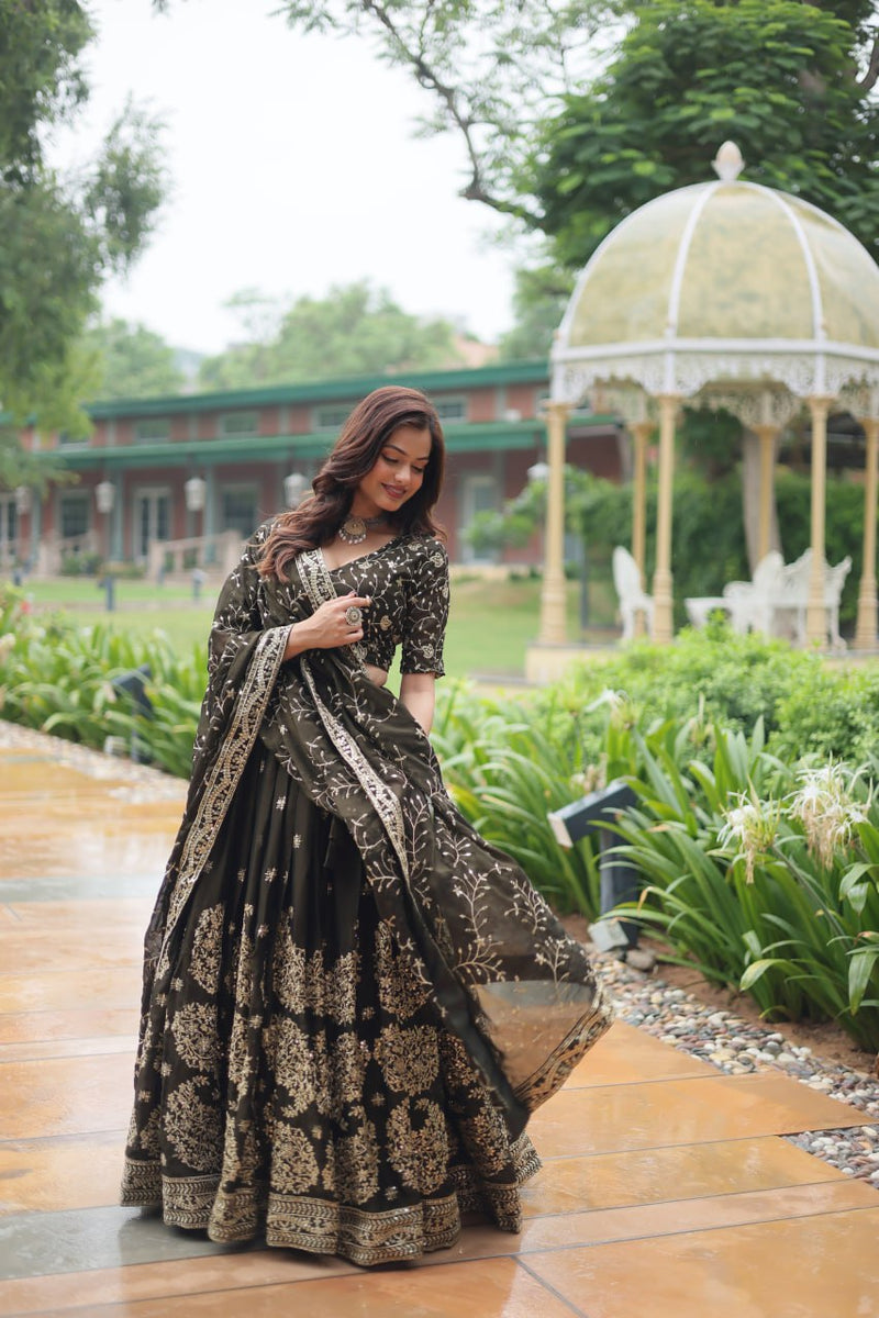 Pure Green Silk Lehenga Choli with Sequins & Thread Embroidery