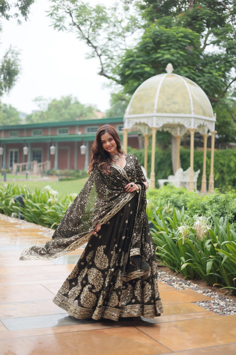Pure Green Silk Lehenga Choli with Sequins & Thread Embroidery