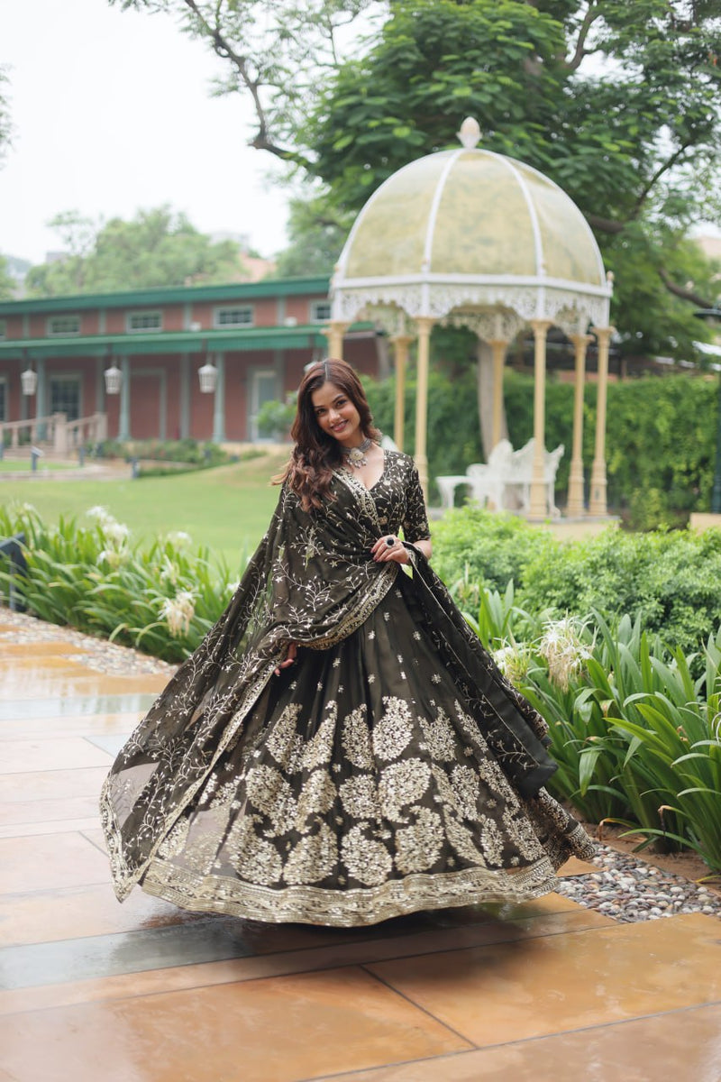 Pure Green Silk Lehenga Choli with Sequins & Thread Embroidery