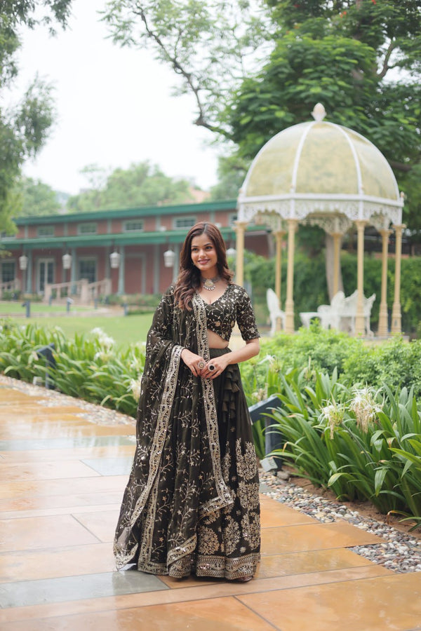 Pure Green Silk Lehenga Choli with Sequins & Thread Embroidery