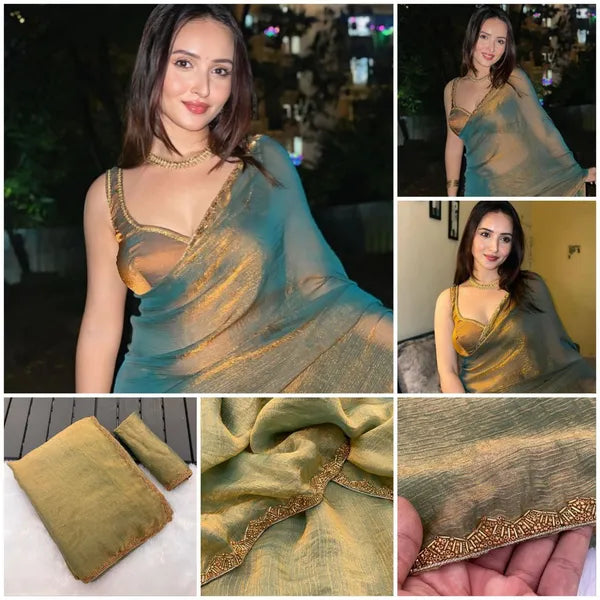 Silk Golden Simmri Tissue Golden Saree With Unstitched Blouse