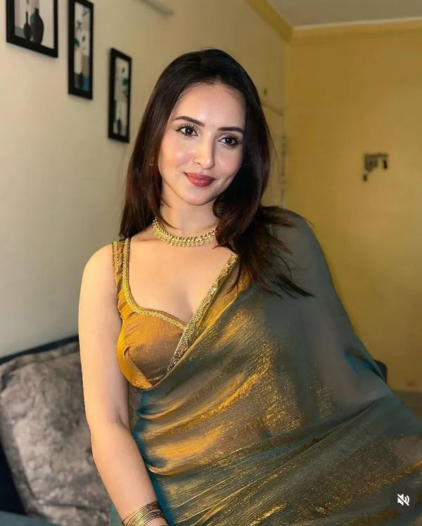 Silk Golden Simmri Tissue Golden Saree With Unstitched Blouse