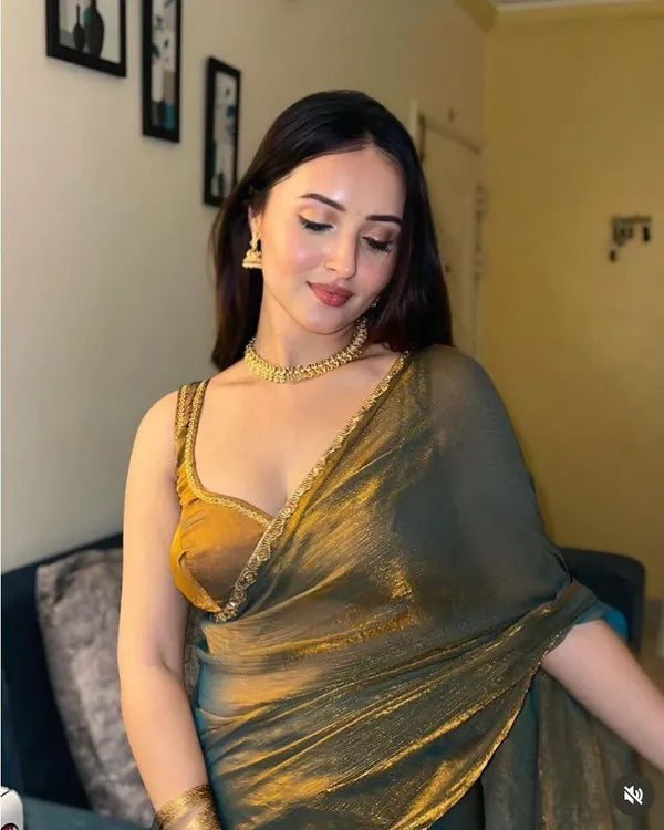 Silk Golden Simmri Tissue Golden Saree With Unstitched Blouse