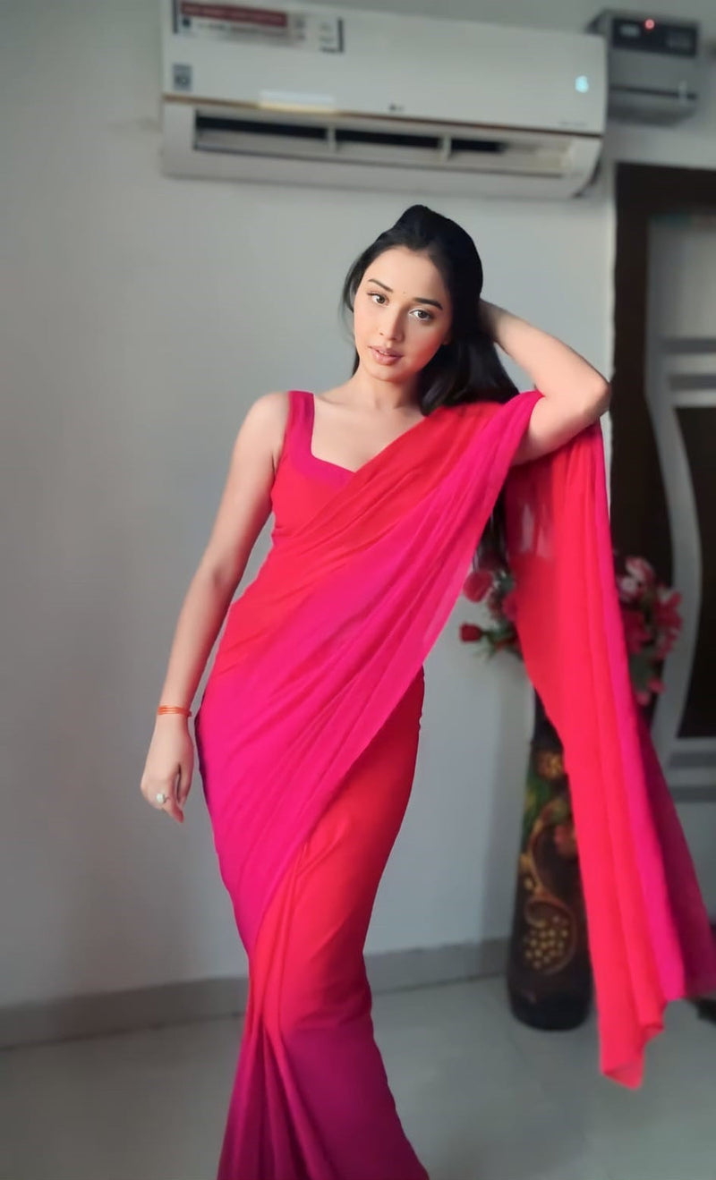 Stylish 1-Minute Ready To Wear Red and Pink Georgette Saree