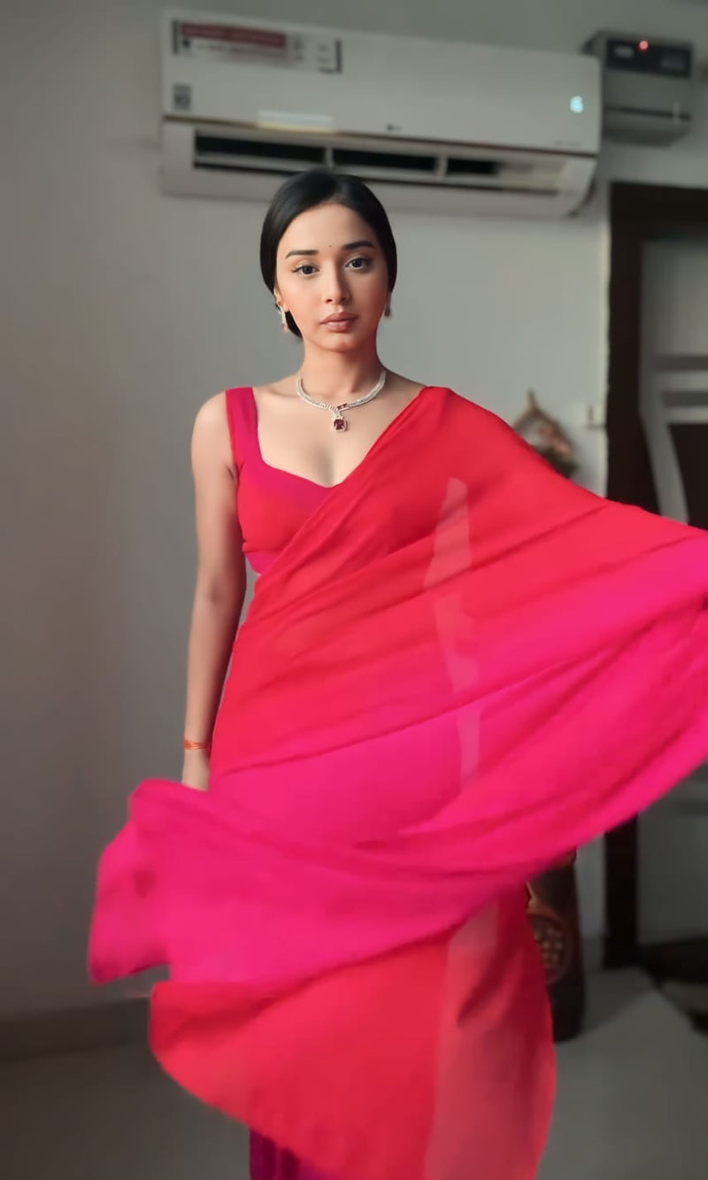 Stylish 1-Minute Ready To Wear Red and Pink Georgette Saree