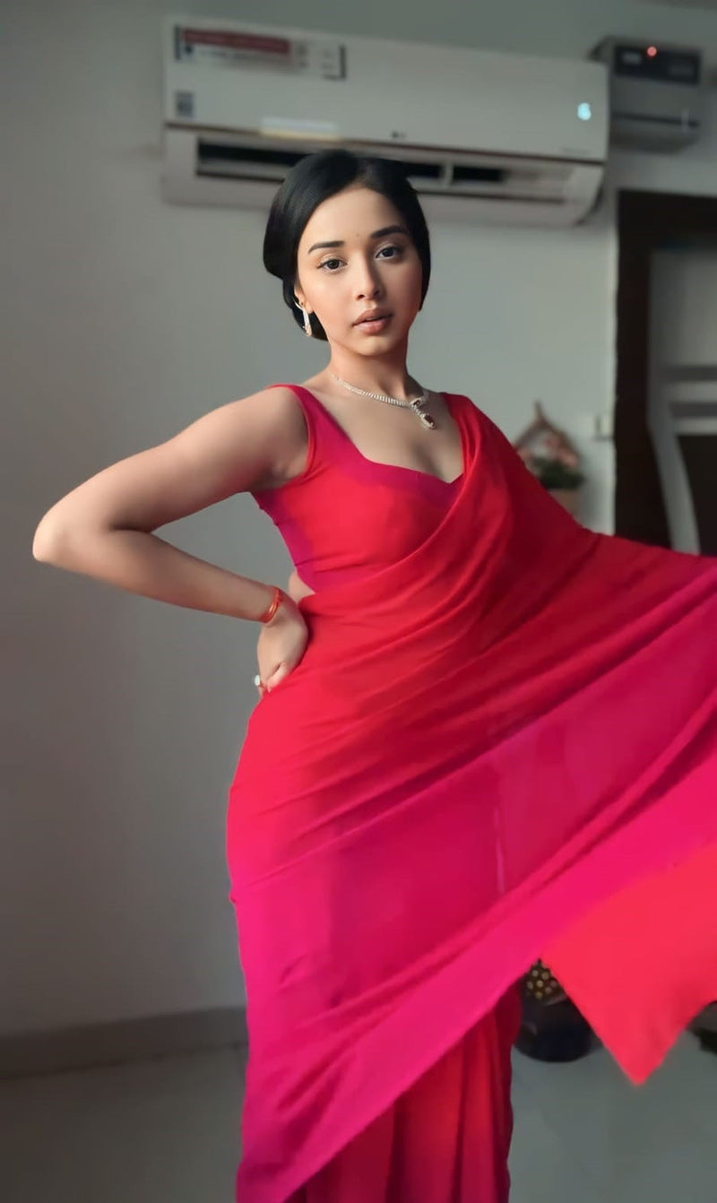 Stylish 1-Minute Ready To Wear Red and Pink Georgette Saree