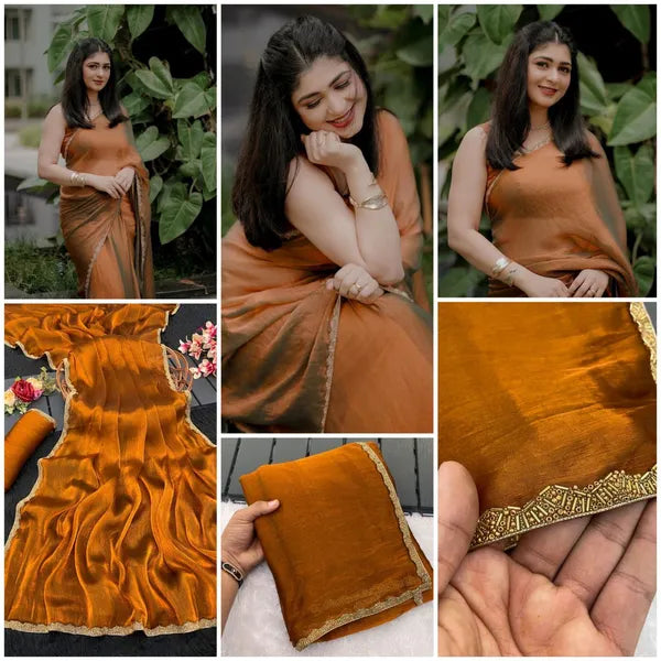 Silk Golden handwork lace with simmri Tissue Golden saree