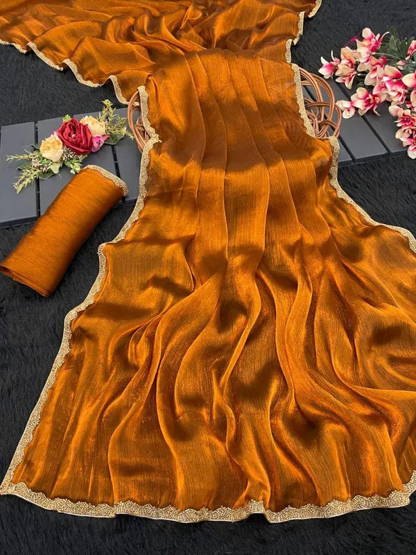 Silk Golden handwork lace with simmri Tissue Golden saree