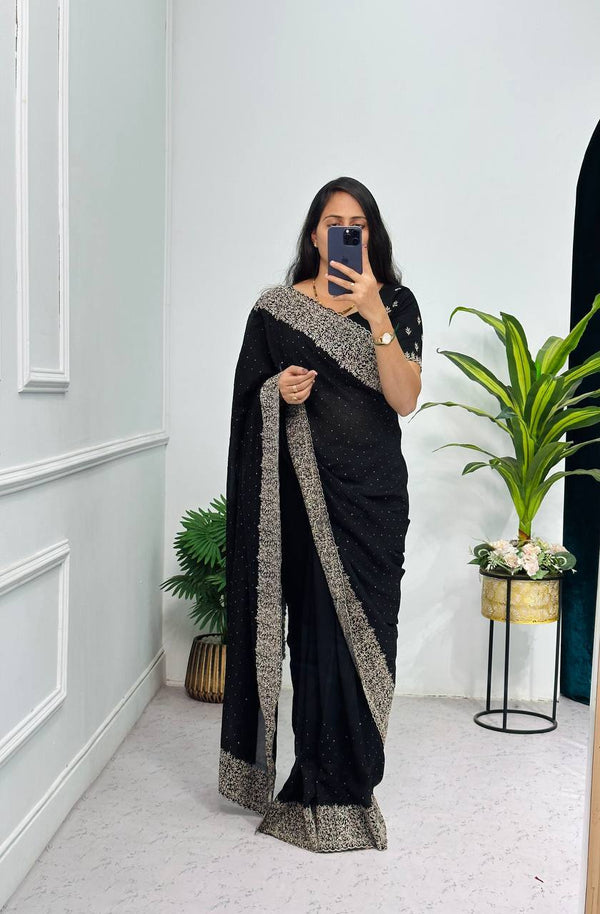 Outstanding Multicolor Embroidery And Diamond Work Saree