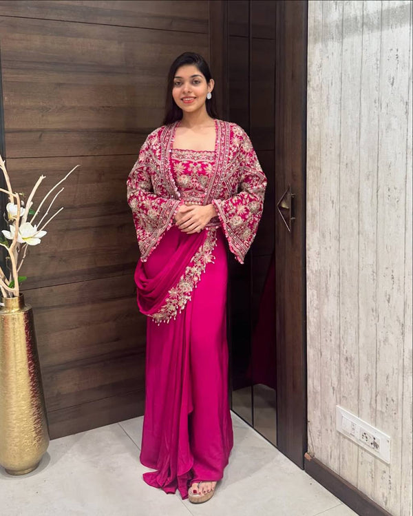 Ready-to-Wear Saree with Fully Embroidered Koti on Chinon Fabric & Stitched Blouse