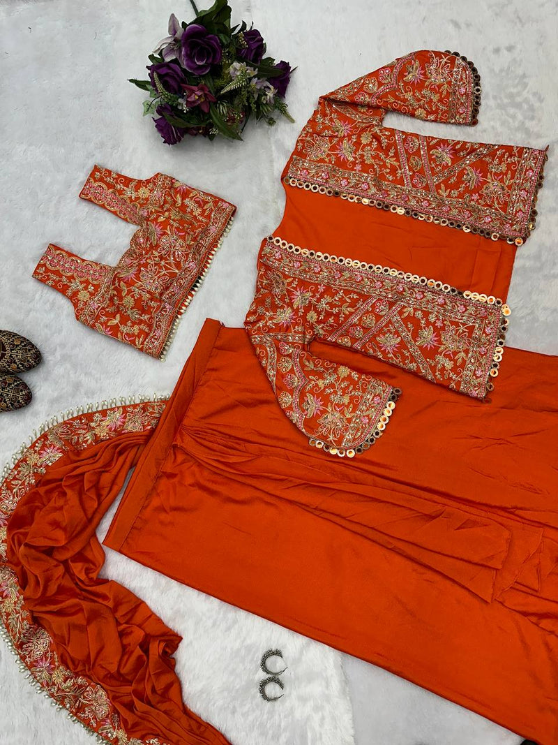 Ready-to-Wear Saree with Fully Embroidered Koti on Chinon Fabric & Stitched Blouse