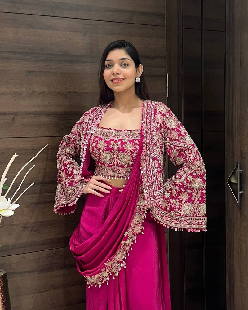 Ready-to-Wear Saree with Fully Embroidered Koti on Chinon Fabric & Stitched Blouse