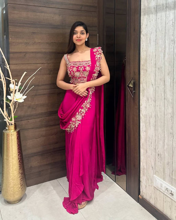 Ready-to-Wear Saree with Fully Embroidered Koti on Chinon Fabric & Stitched Blouse