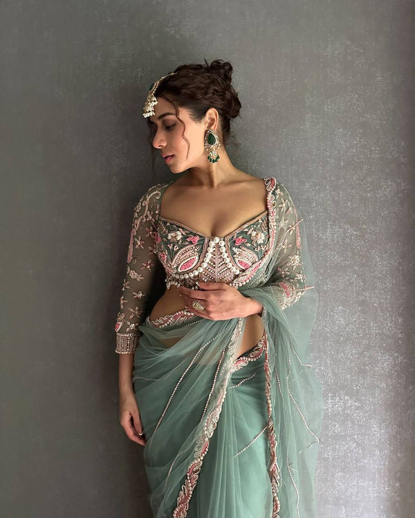 Net Fabric Saree with Heavy Embroidery Along with Stitched Blouse
