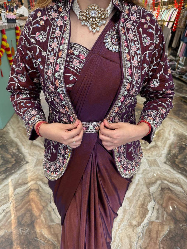 Ready-to-Wear Saree with Fully Embroidered Koti on Rangoli Fabric & Stitched Blouse