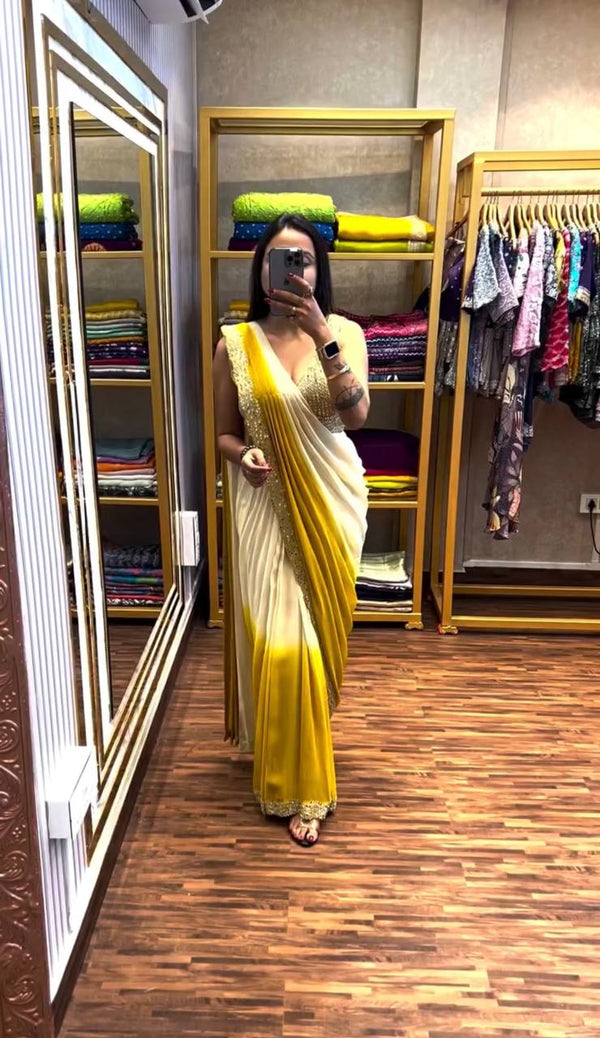 Chinon Fabric Ready-to-Wear Saree with Real Mirror Lace Border Work