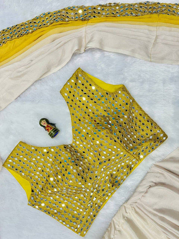 Chinon Fabric Ready-to-Wear Saree with Real Mirror Lace Border Work